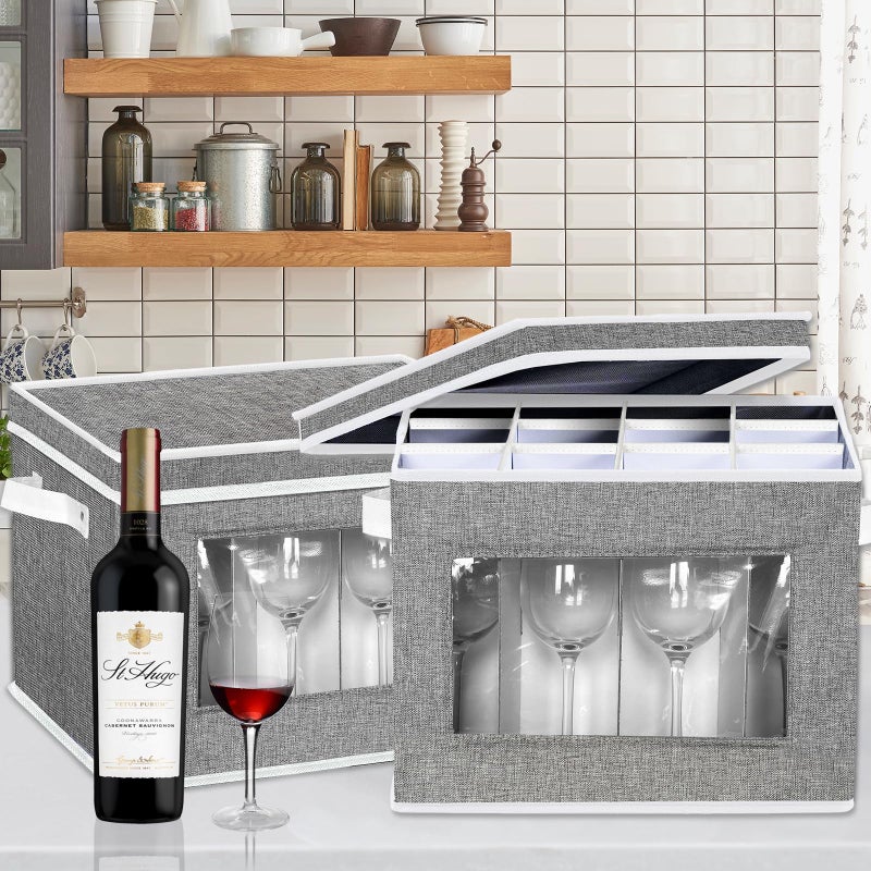 homyfort 2 Pack Stemware Storage Cases  Wine Glass Storage Box with Dividers  China Crystal Glass Storage Containers Organizer for 24 Glassware Moving and Protection (Grey) - Image 5